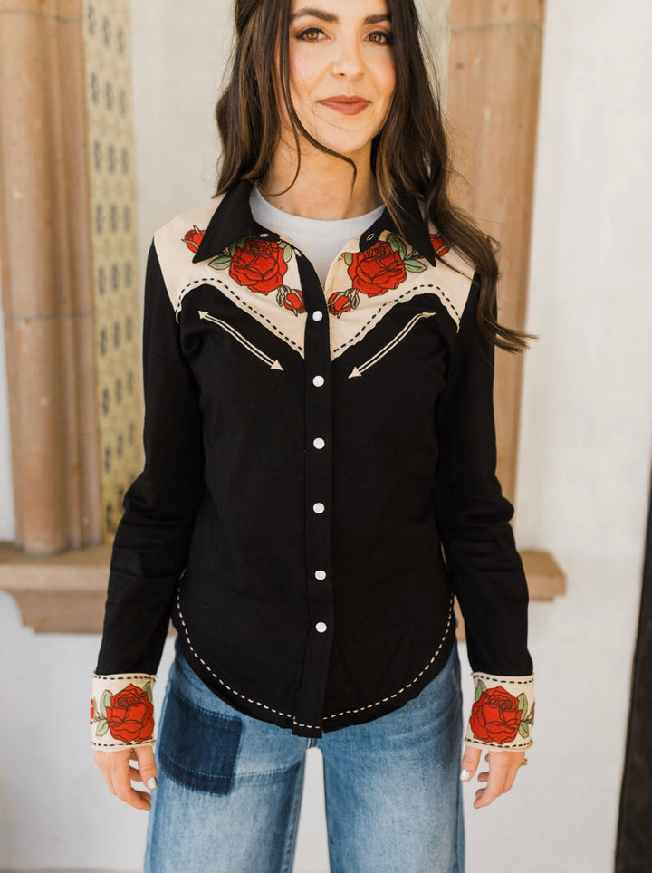 Black Rodeo Rose Button Up