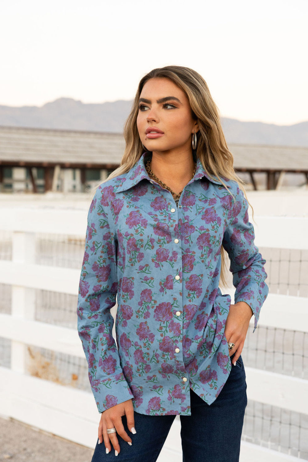 Denim Rose Button Up