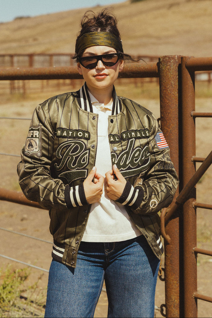 Pre-Order: Olive Pinstripe NFR Bomber Jacket