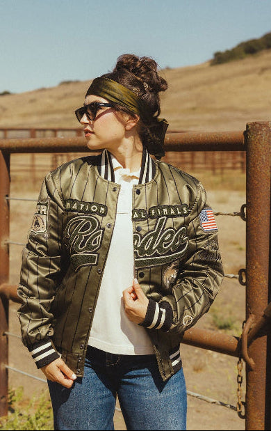 Pre-Order: Olive Pinstripe NFR Bomber Jacket
