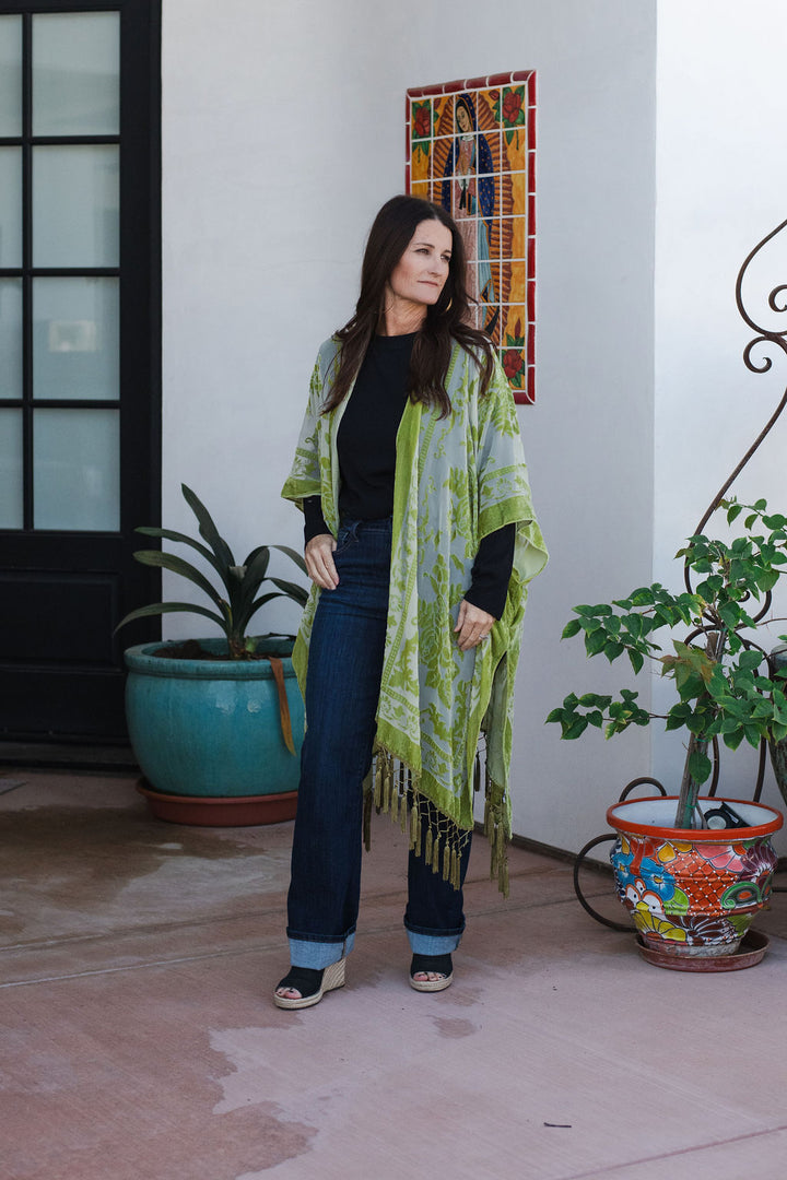 Western Velvet Mesh Tapestry Tassel Kimono