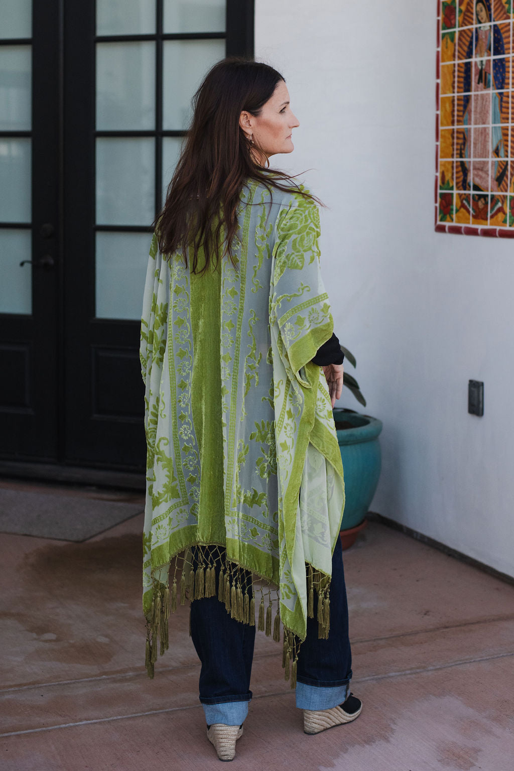 Western Velvet Mesh Tapestry Tassel Kimono