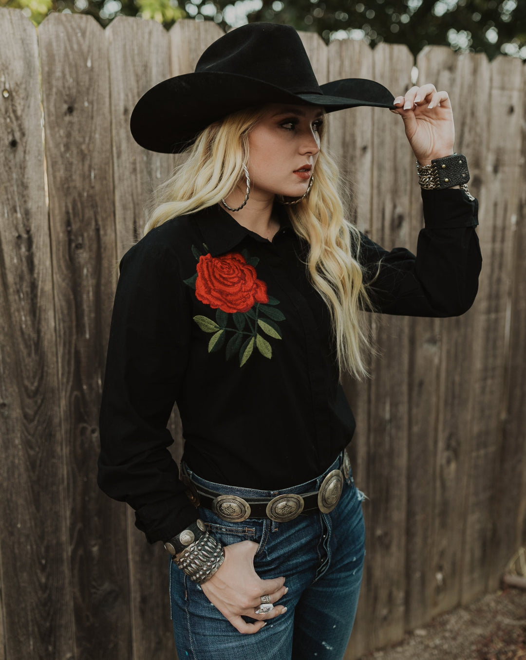 Ruby’s Embroidered Rose Button Up